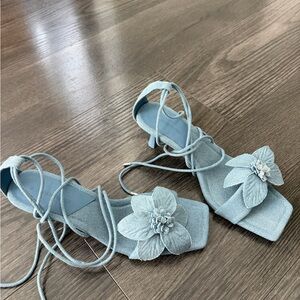stradivarius Light Blue Floral Lace-Up Heeled Sandals